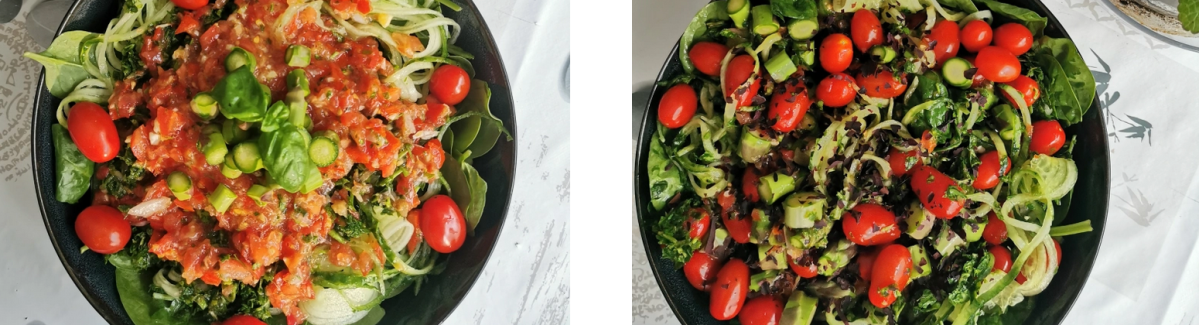 Salade de tomates, concombre et herbes en version spaghettis crues pesto et sauce tomate pour la cure 369 avancée du Médical Médium